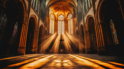 Gothic cathedral with sunlit cross and glowing atmosphere
