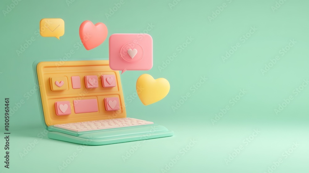 Poster a colorful laptop with floating hearts and messages, symbolizing digital communication and affection