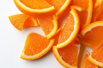 Fresh and juicy orange slices stacked on a white background, highlighting the bright, zesty citrus flesh.
