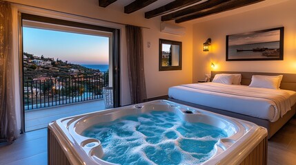 Obraz premium A cozy hotel room featuring a hot tub and scenic view at sunset.
