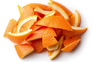 Fresh and juicy orange slices stacked on a white background, highlighting the bright, zesty citrus flesh.