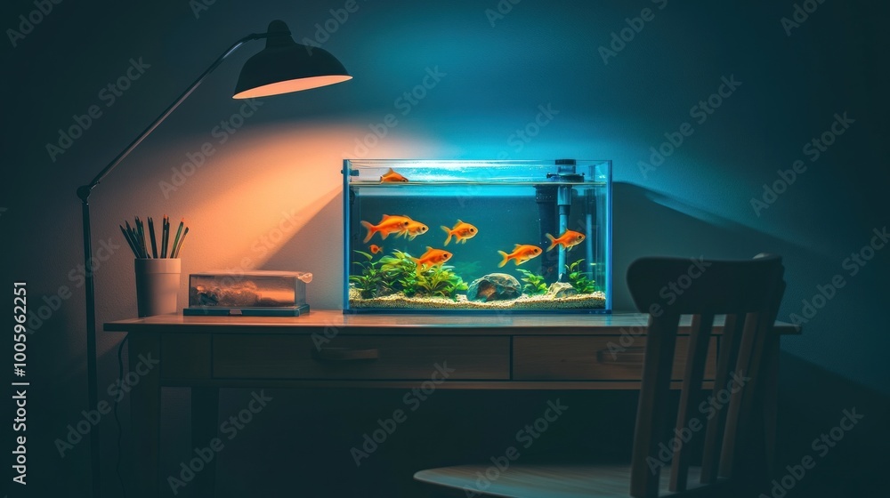 Poster A serene desk scene featuring a lit aquarium with goldfish and a nearby lamp.