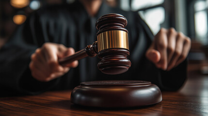 A judge's hand firmly strikes a gavel on the sound block during a courtroom session, emphasizing the authority of the legal proceedings.