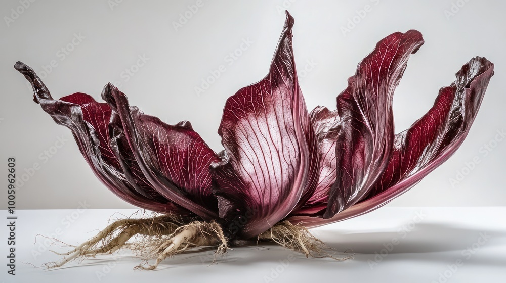 Poster a striking red cabbage with intricate leaf patterns and roots, displayed artistically.