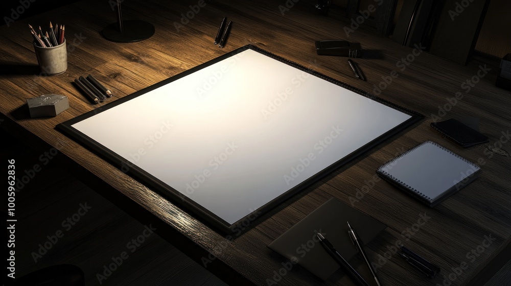 Poster a minimalist workspace featuring a blank canvas and various writing tools for creativity.
