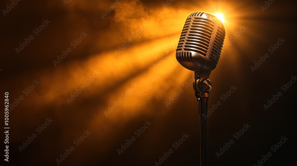Poster a vintage microphone illuminated by warm light, creating an inviting atmosphere for performance.