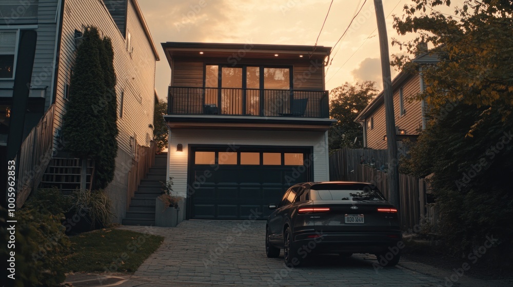 Canvas Prints A modern house at sunset with a driveway and parked car.