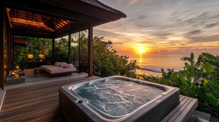 Fototapeta premium Serene sunset view from a luxurious outdoor hot tub overlooking the ocean.