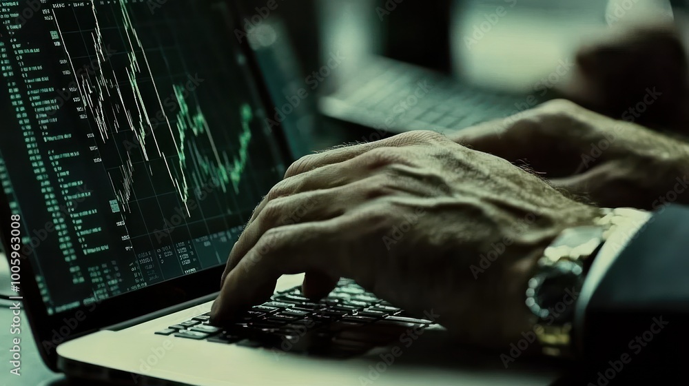 Poster close-up of hands typing on a laptop displaying stock market graphs and data.