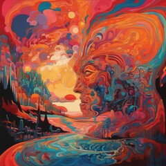 Abstract portrait with vibrant colors and surreal landscape elements.