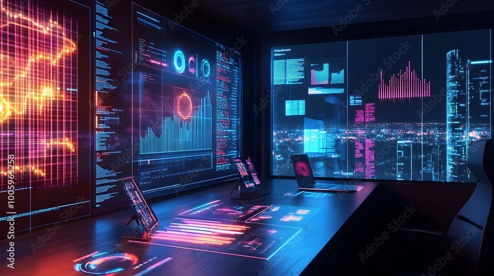 Poster futuristic financial analytics with augmented reality neon holograms in modern high tech office digi