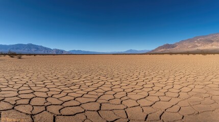 A dry, cracked desert lakebed with wide, intricate patterns in the ground, stretching toward the distant mountains under a cloudless sky.