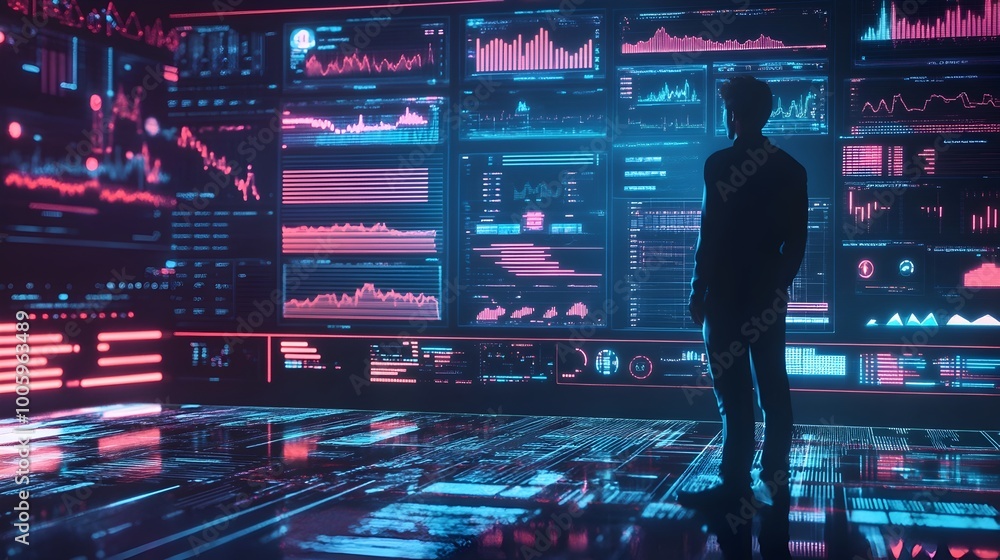 Poster futuristic hologram display showcasing advanced data graphs financial trends and tech forward busine