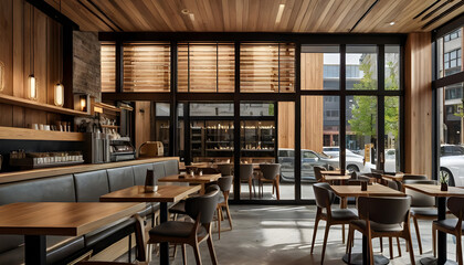 Modern coffee shop cafe boasting a sophisticated glass facade framed by wooden accents minimalist design sleek restaurant interior pendant lights urban architecture