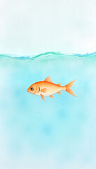 Obraz premium Watercolor illustration of a small orange fish swimming in light green water
