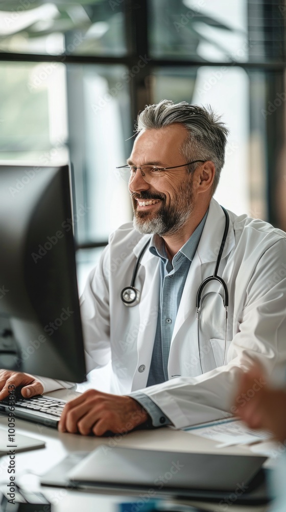 Poster A man in a white lab coat is smiling at a computer screen