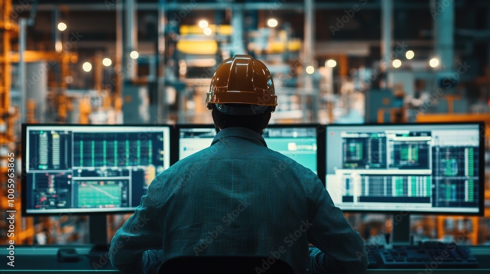 Poster a factory control room with multiple monitors, engineers monitoring and controlling industrial proce