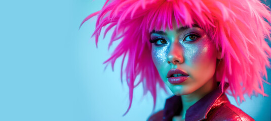 Obraz premium Young woman with bright makeup and colorful feathers in fashion beauty photo. Vibrant colors and striking look against blue background. Perfect for beauty and fashion stock photos