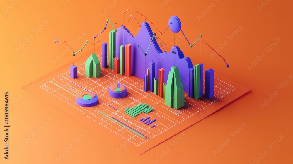 Aufkleber a colorful 3d graph display showcasing various data visualizations on an orange background.