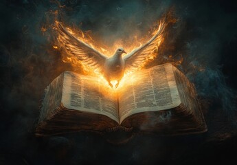 Flaming dove emerging from an open book with smoke and fire in the background.