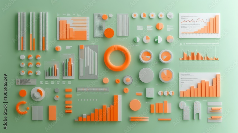 Aufkleber a collection of graphs and charts in orange and gray, illustrating data visualization concepts.