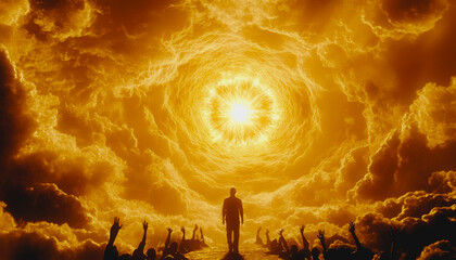 Silhouetted figure ascends from fiery clouds towards golden light, evoking power and divinity