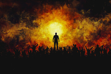 Fototapeta premium Silhouetted figure ascends from fiery clouds towards golden light, evoking power and divinity