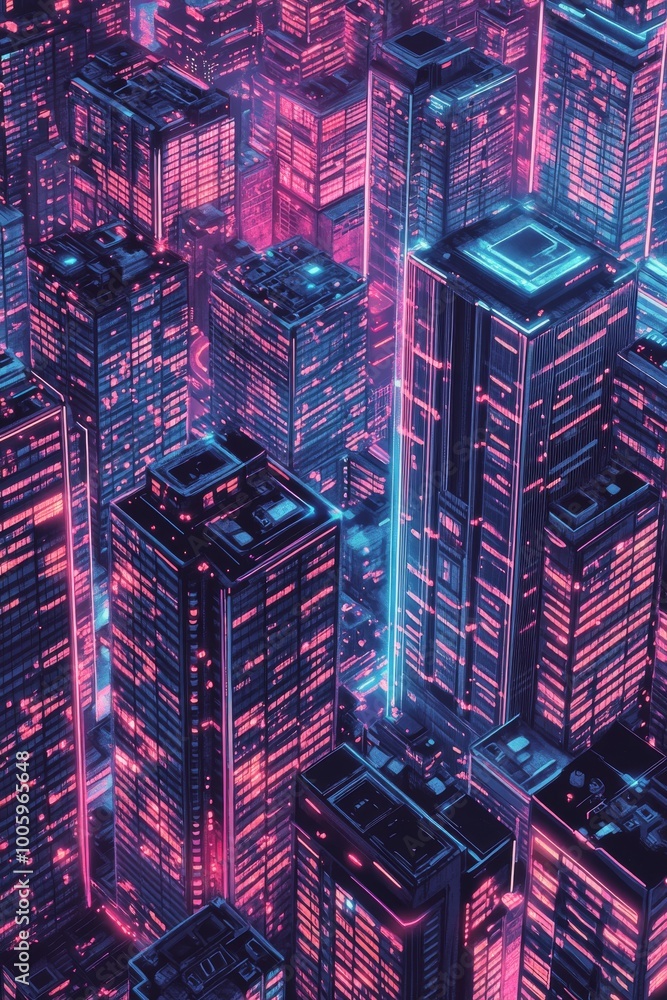 Poster repetitive layout of synthwave-inspired skyscrapers with a retro-futuristic design, creating a patte