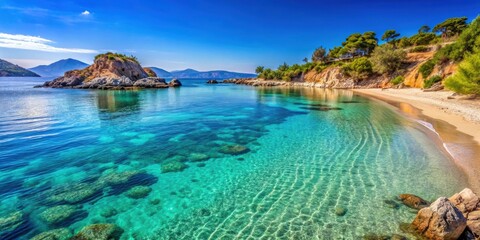 Scenic view of crystal clear waters and sandy beaches along the Mediterranean coast of Greece , Mediterranean, Greece