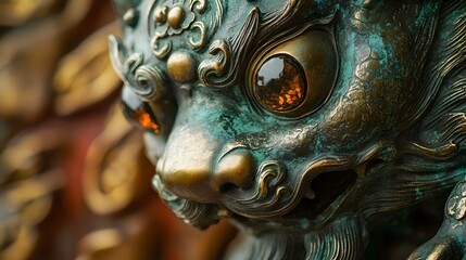 Detailed close up shot of an ornately designed bronze Pixiu sculpture featuring intricate textures and glistening gemstone eyes set against a backdrop of ancient Chinese calligraphic scrolls