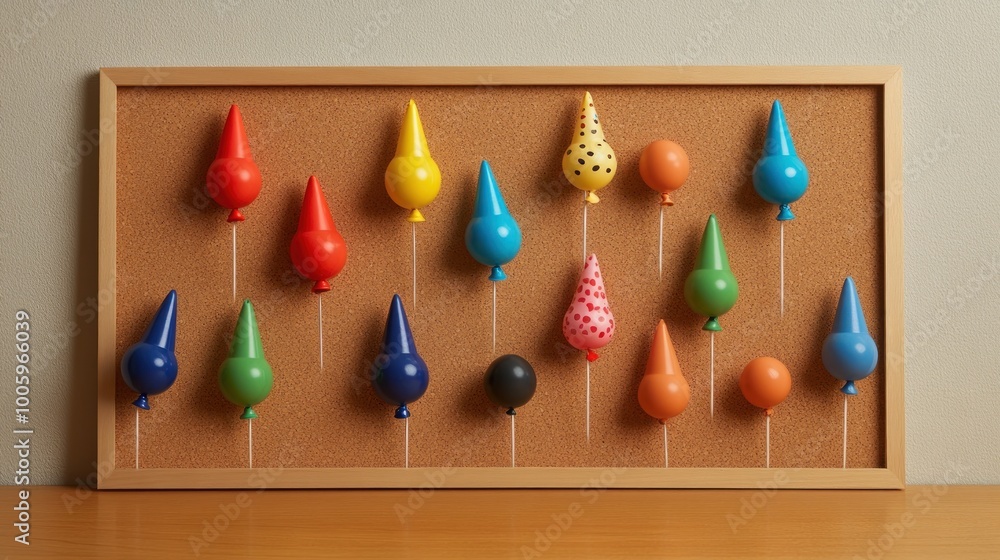 Aufkleber a colorful arrangement of cone-shaped objects on a corkboard, showcasing design and organization.