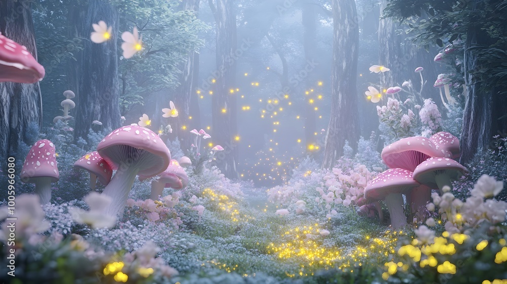 Poster a whimsical and dreamlike forest scene with pastel colored flora delicate mushrooms and dancing fire