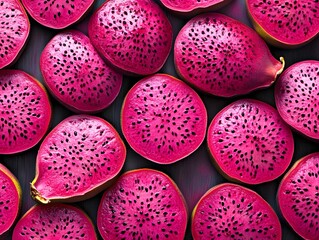 A vibrant collection of pink dragon fruit halves arranged neatly on a dark background. Top view.
