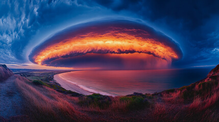 Massive swirling storm vortex with light and shadow contrasts, high aerial view