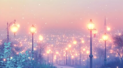 A captivating cityscape bathed in soft romantic lighting featuring glowing street lamps and twinkling lights that create a dreamy pastel colored atmosphere in the night sky