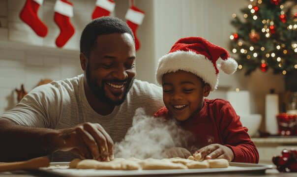 Black father and son wearing Christmas hats bake together in a festive kitchen during the holiday season