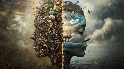 A creative representation of inner conflict and environmental awareness blending together.
