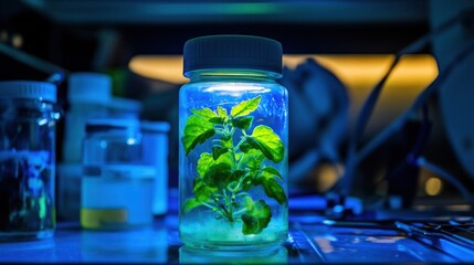 A glowing plant specimen in a laboratory jar, showcasing scientific research and growth.