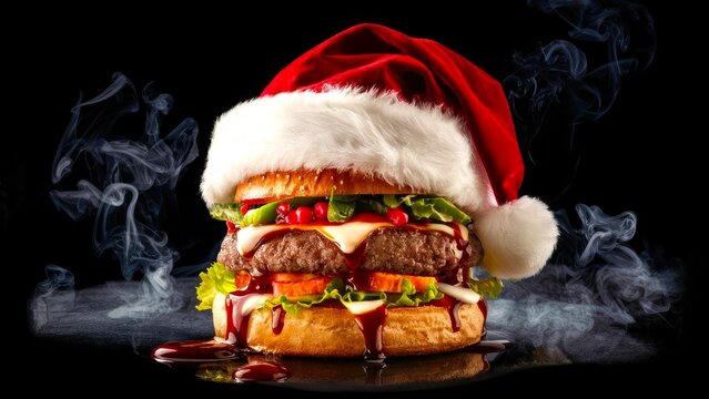 Santa hat-clad burger in smoke set against black backgroundcopyspace, symbolizing a festive Christmas fast food celebration and holiday-themed concept.