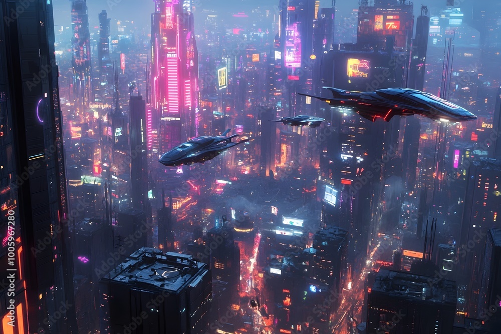 Poster pulsating neon grid of a dystopian megacity with futuristic hovering vehicles and towering cyberpunk