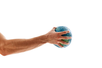 Male muscular hand holding handball ball isolated on white background. Powerful throw. Concept of...