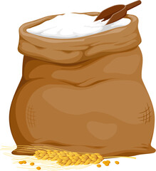 Rye flour bag. Isolated cartoon vector large brown sack filled with flour, accompanied by a bundle of stalks and wooden scoop, represents agriculture, baking, and natural ingredients for culinary