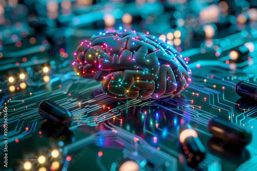 Poster a vibrant brain glowing on a circuit board, symbolizing the fusion of technology and intelligence in