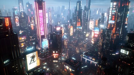 Mesmerizing cyberpunk inspired cityscape with towering skyscrapers reaching skyward neon lights and illuminated billboards casting a warm glow across the dynamic urban landscape