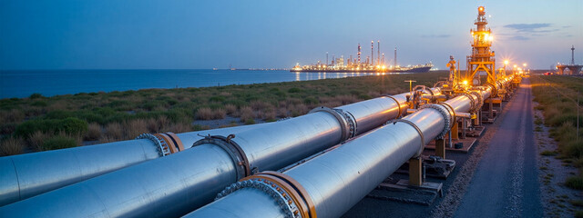 Offshore pipeline ship in ocean for oil and gas transport, maritime industry vessel with long pipes on deck under sunny sky, sea transportation engineering for fossil fuel delivery