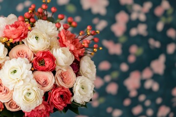 Luxurious bouquet featuring a mix of pink, red, and white roses, peonies, and greenery, creating a soft and romantic atmosphere.