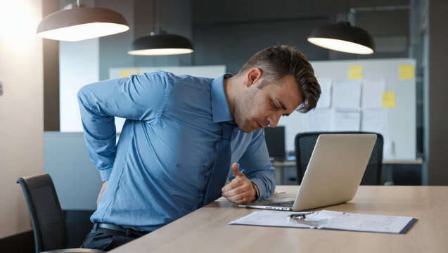Back pain Male office employee, lower back pain while working at desk, potential chronic condition from sitting too long, needing ergonomic intervention, discomfort from poor posture, workplace