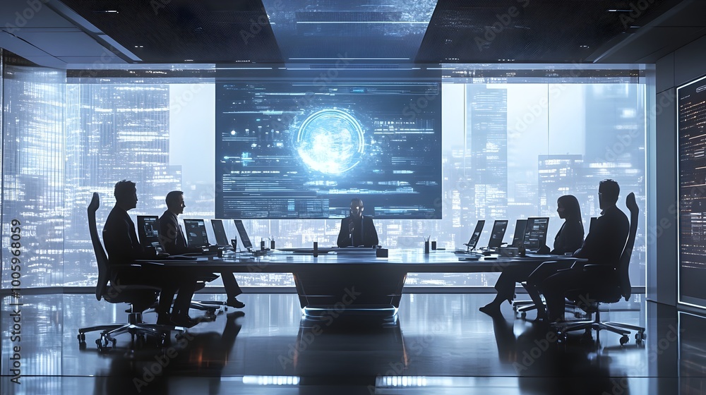 Poster futuristic business meeting in a sleek modern workspace with floating holographic displays for data 