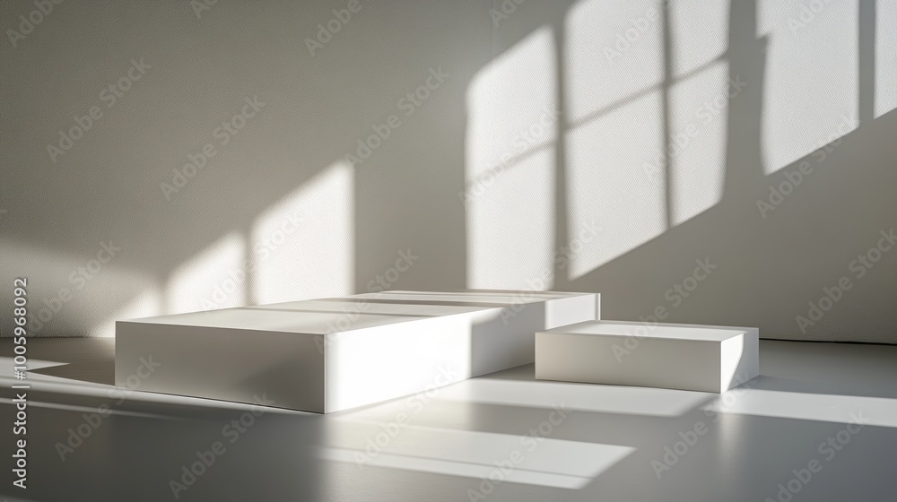 Aufkleber minimalist scene with geometric white blocks casting shadows in a softly lit space.