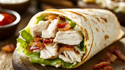 A fresh, crispy chicken salad wrap with ranch dressing and bacon bits